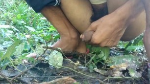 Hot big cock handjob in forest and cumshot on land